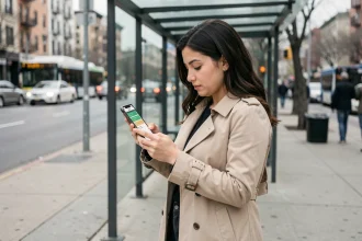 Jeune femme consultant l'horaire du bus 249 en temps réel sur une application mobile à un arrêt de bus urbain