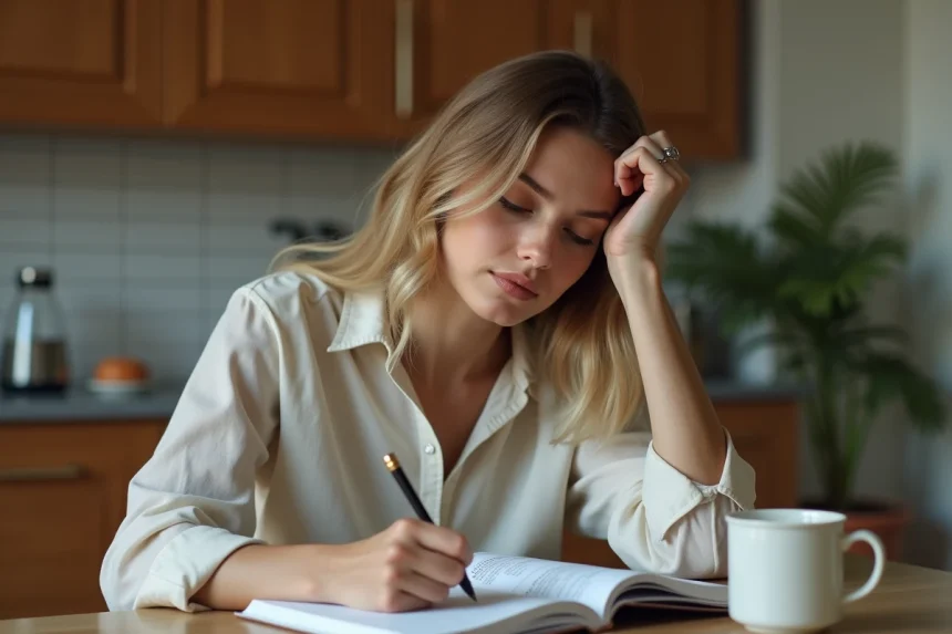 Jeune femme &eacute;tudie le fran&ccedil;ais &agrave; la maison avec un livre