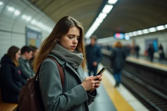 Jeune femme anxieuse dans le métro parisien