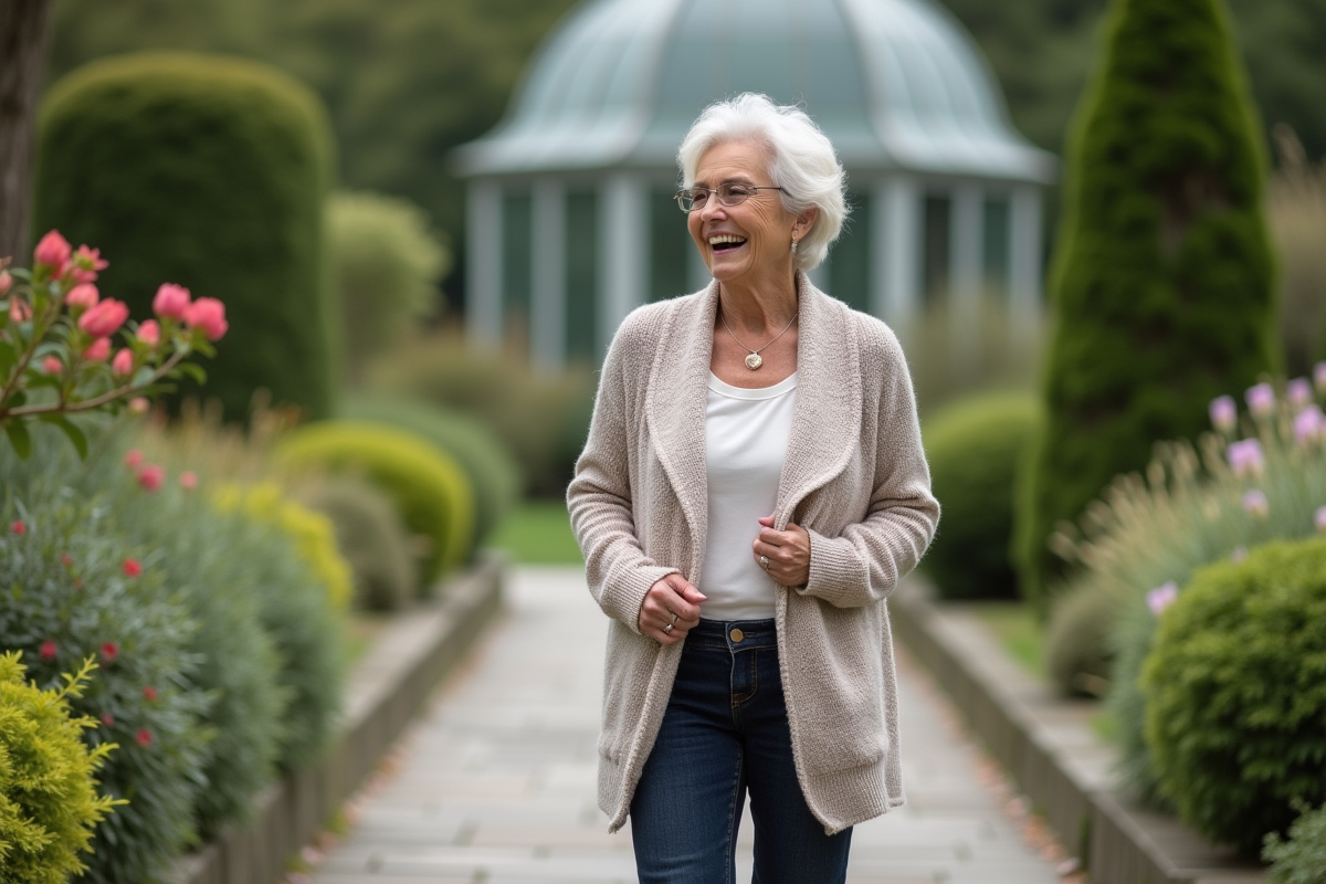 Femme souriante en promenade dans un parc botanique