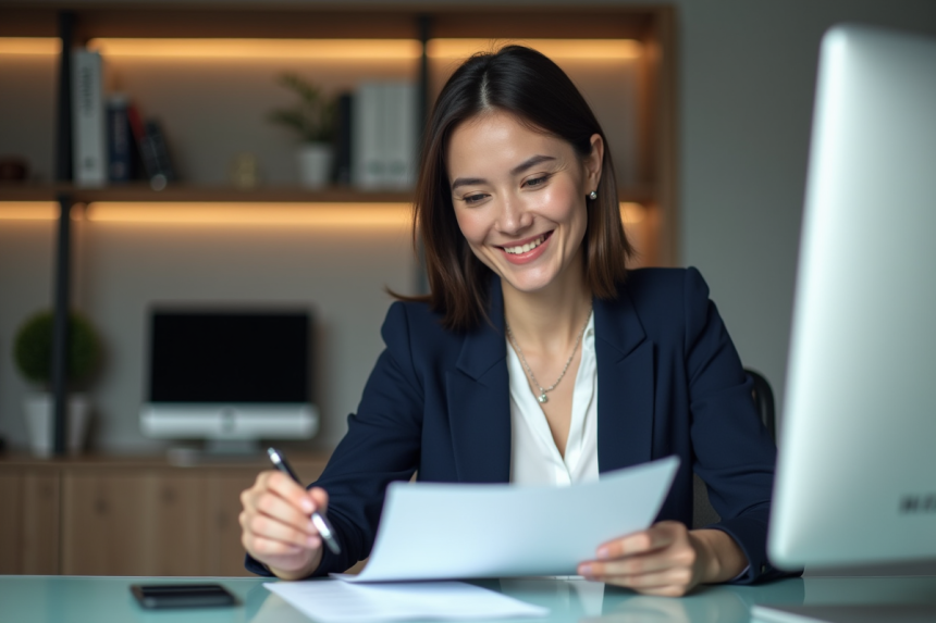 Femme professionnelle en bureau moderne pour article banque
