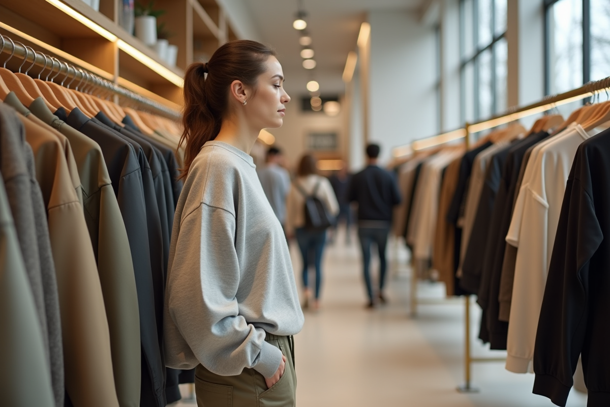 Femme examinant un vêtement dans une boutique moderne