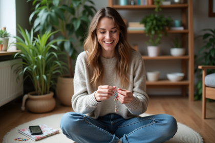 Femme créant des bijoux faits main dans un intérieur cosy