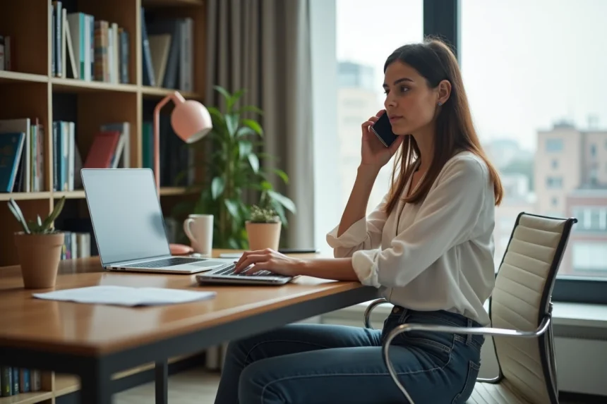 Femme au bureau &agrave; domicile parlant au t&eacute;l&eacute;phone