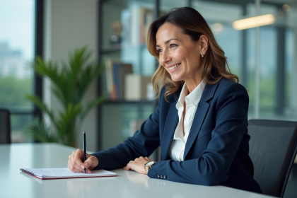 Femme d'âge moyen en réunion de travail dans un bureau moderne