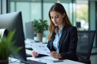 Femme en bureau moderne examinant un document sur la cybersécurité