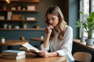 Femme lisant un dictionnaire dans un café cosy