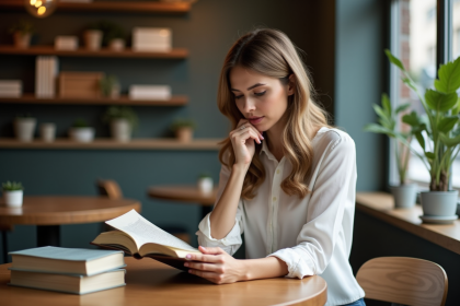 Femme lisant un dictionnaire dans un café cosy