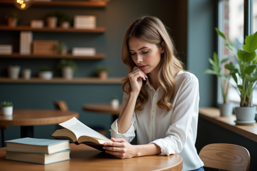 Femme lisant un dictionnaire dans un café cosy