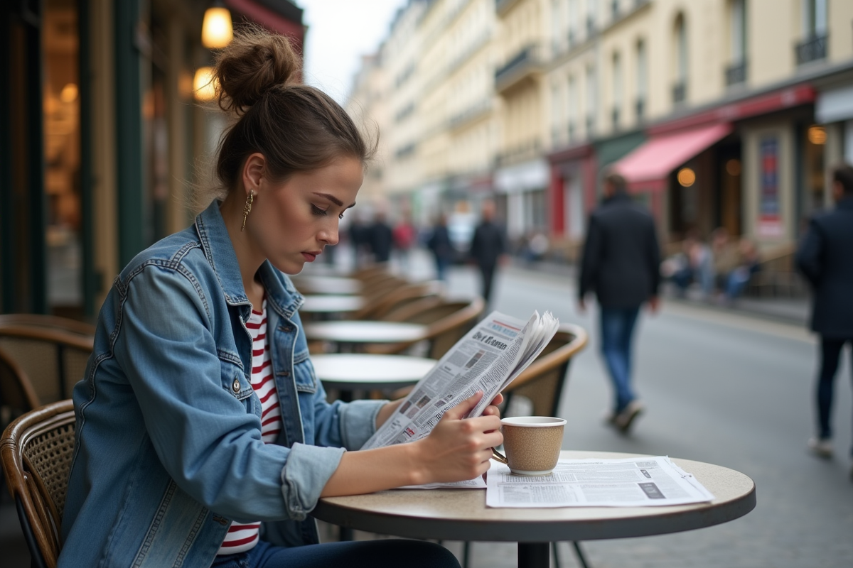 Jeune femme française lisant un journal dans un café urbain