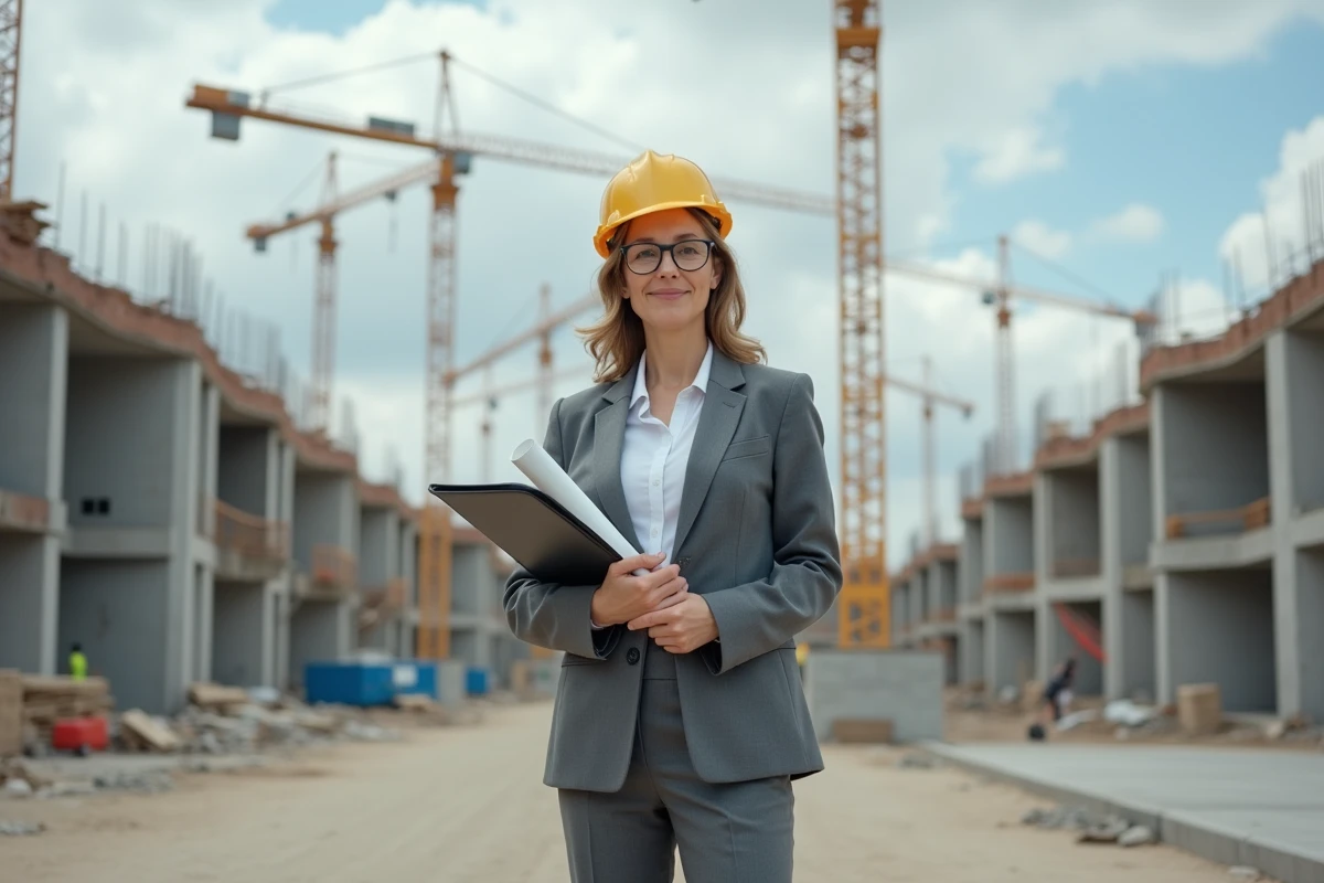 Femme professionnelle sur un chantier immobilier en extérieur