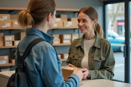 Femme souriante remettant un colis dans un point postal moderne