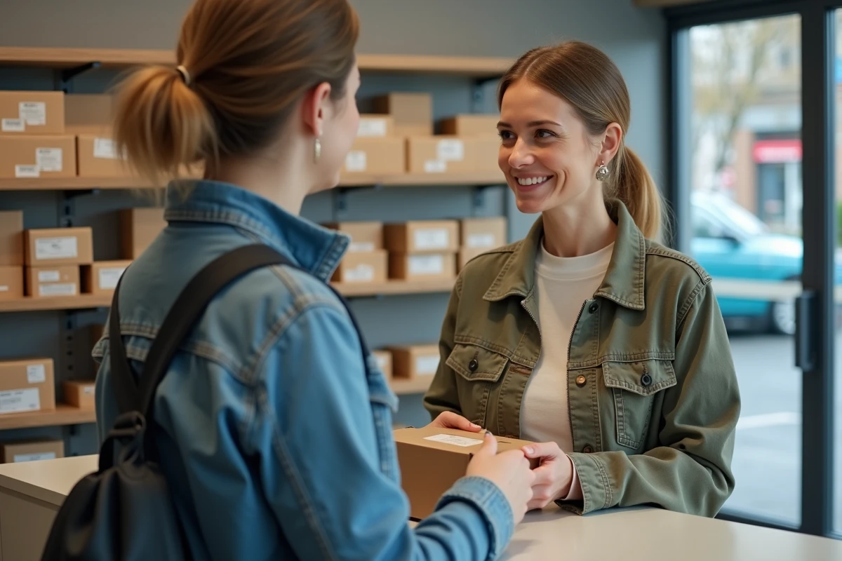 Femme souriante remettant un colis dans un point postal moderne