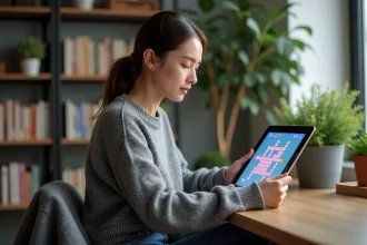 Jeune femme concentrée sur un puzzle croix sur tablette