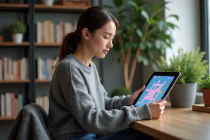 Jeune femme concentr&eacute;e sur un puzzle croix sur tablette