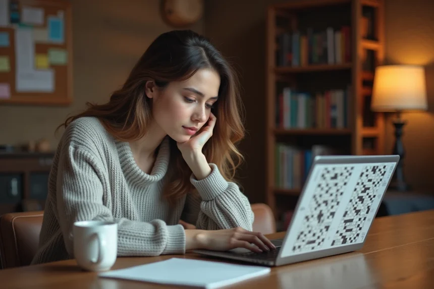 Jeune femme r&eacute;solvant un crossword en ligne &agrave; la maison