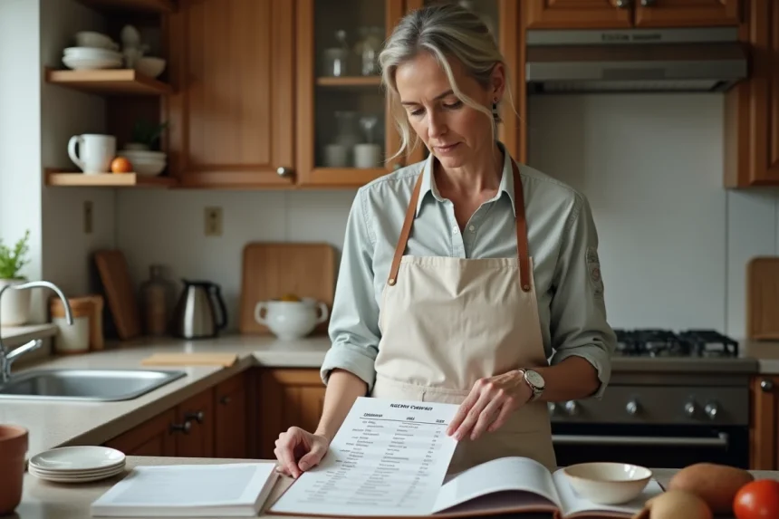 Femme examinant un tableau de conversion en cuisine