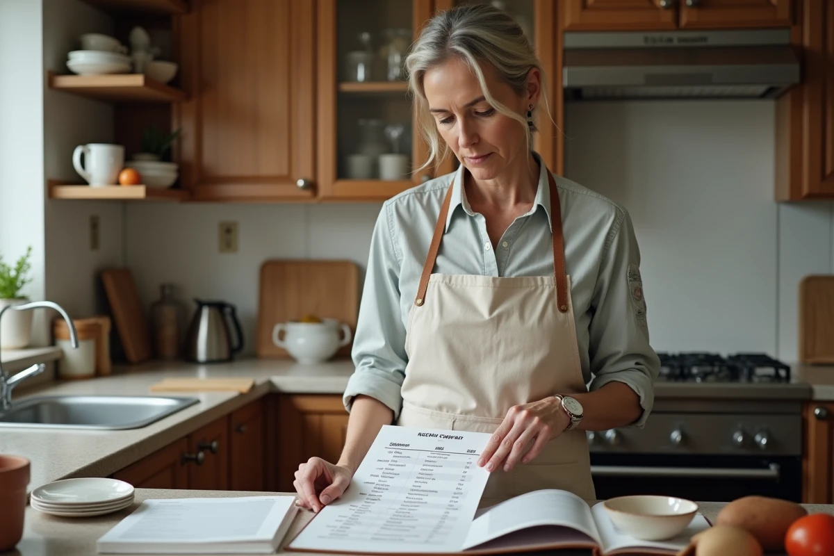 Femme examinant un tableau de conversion en cuisine