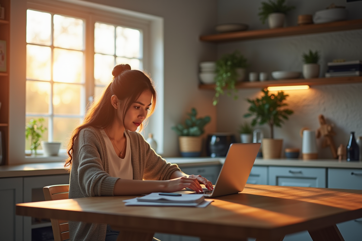 Jeune femme utilisant un ordinateur et smartphone dans une cuisine moderne