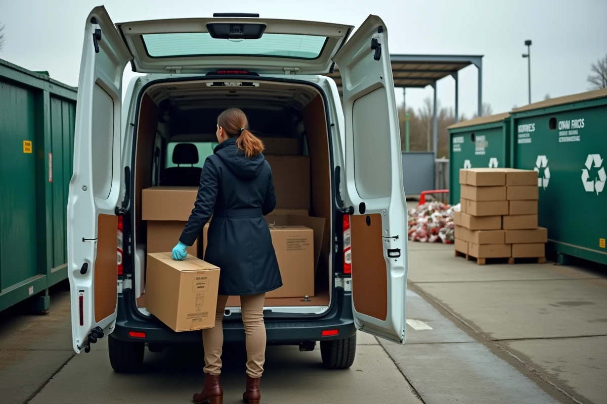Femme déchargeant des cartons dans une zone de tri