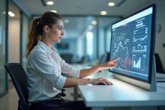 Femme utilisant un panneau tactile dans un bureau moderne