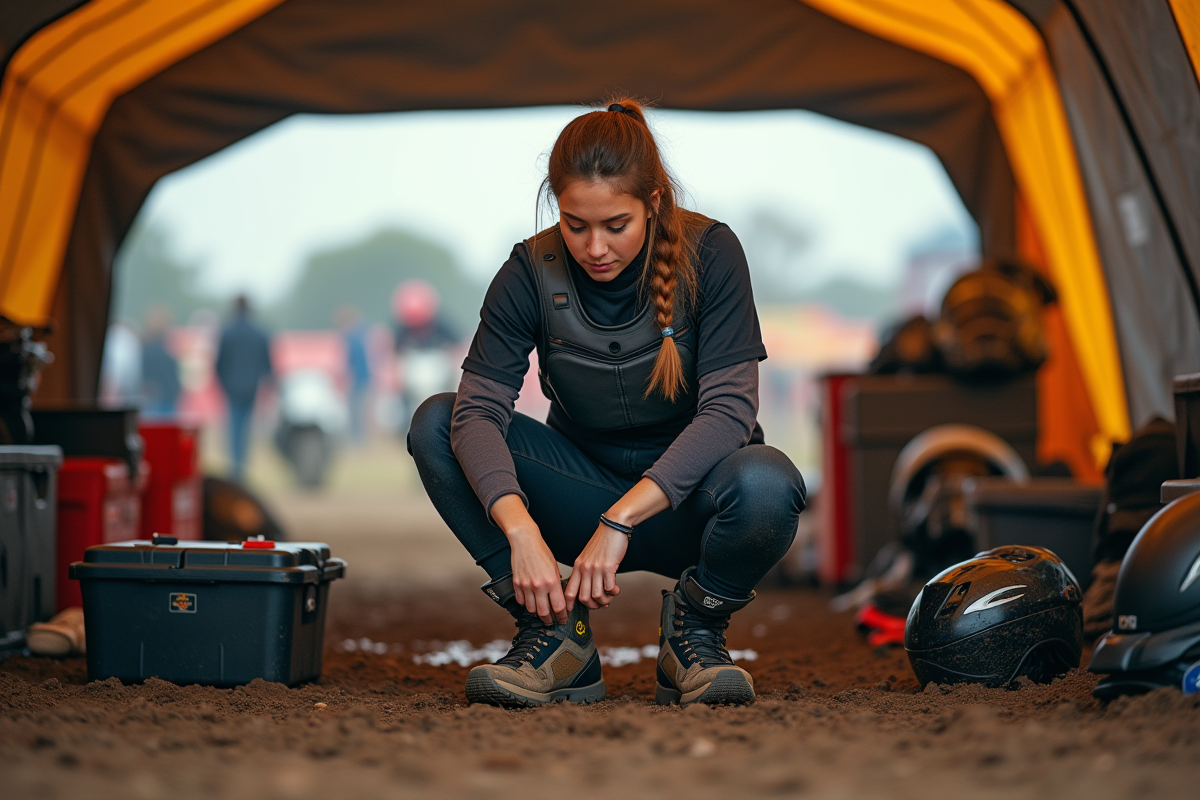 Jeune femme préparant ses équipements de motocross dans un paddock