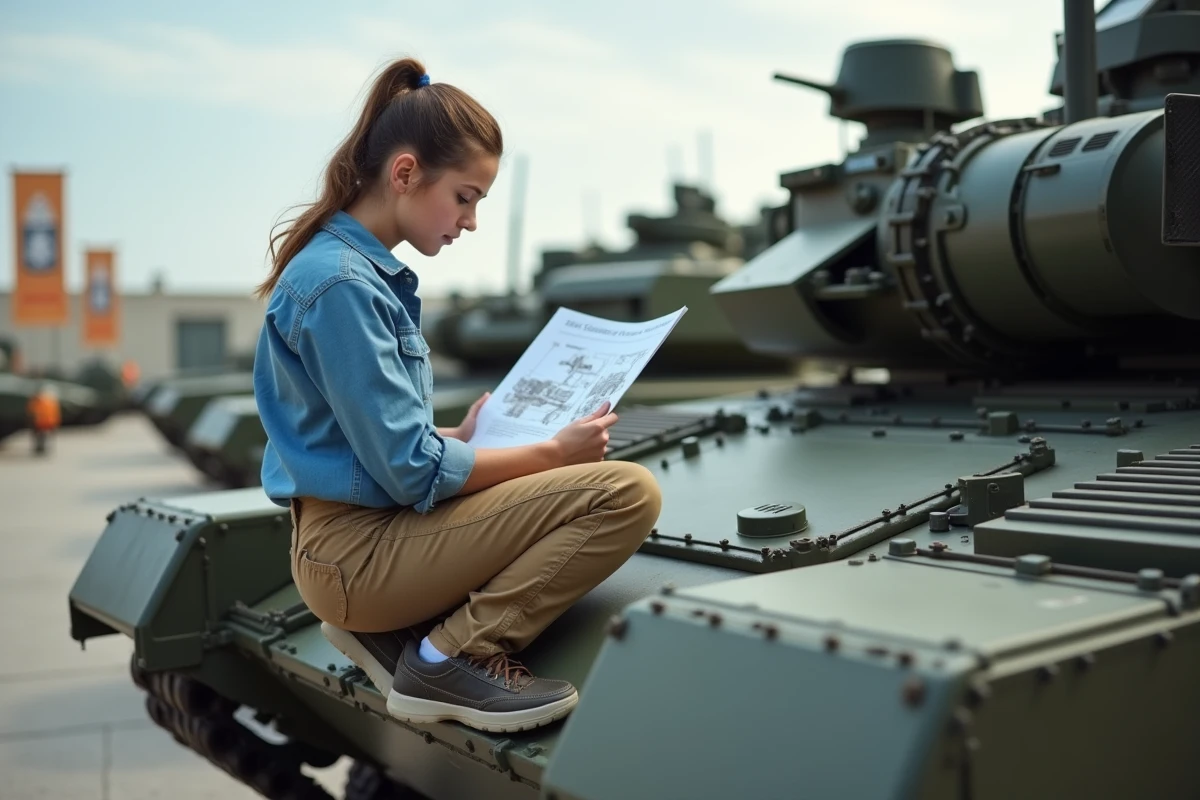 Jeune femme &eacute;tudiant un diagramme de tank Leopard 2A sur le terrain