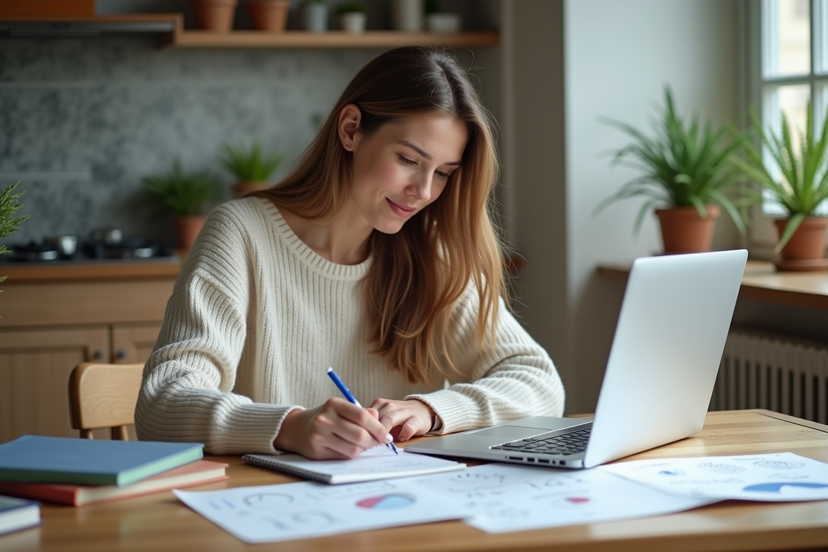 Femme travaillant sur un ordinateur avec livres de maths à la maison