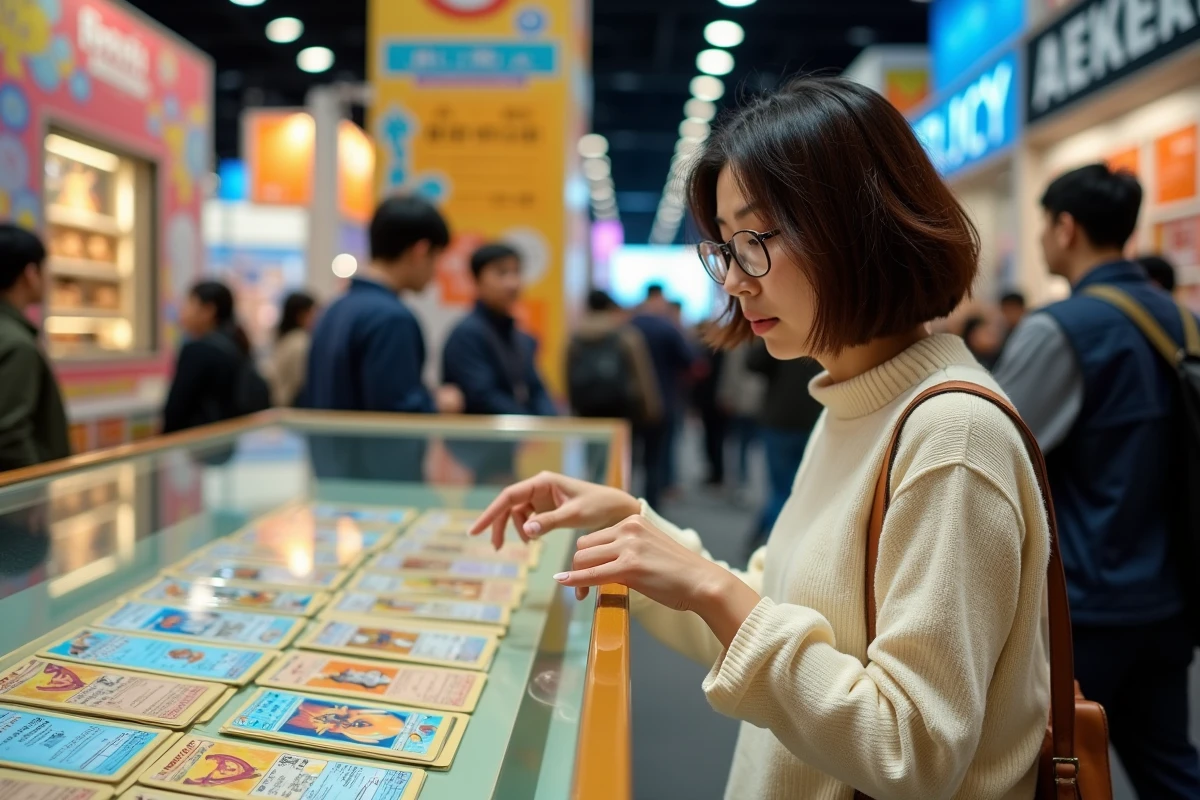 Femme examinant des cartes Charizard dans un march&eacute; de collectionneurs