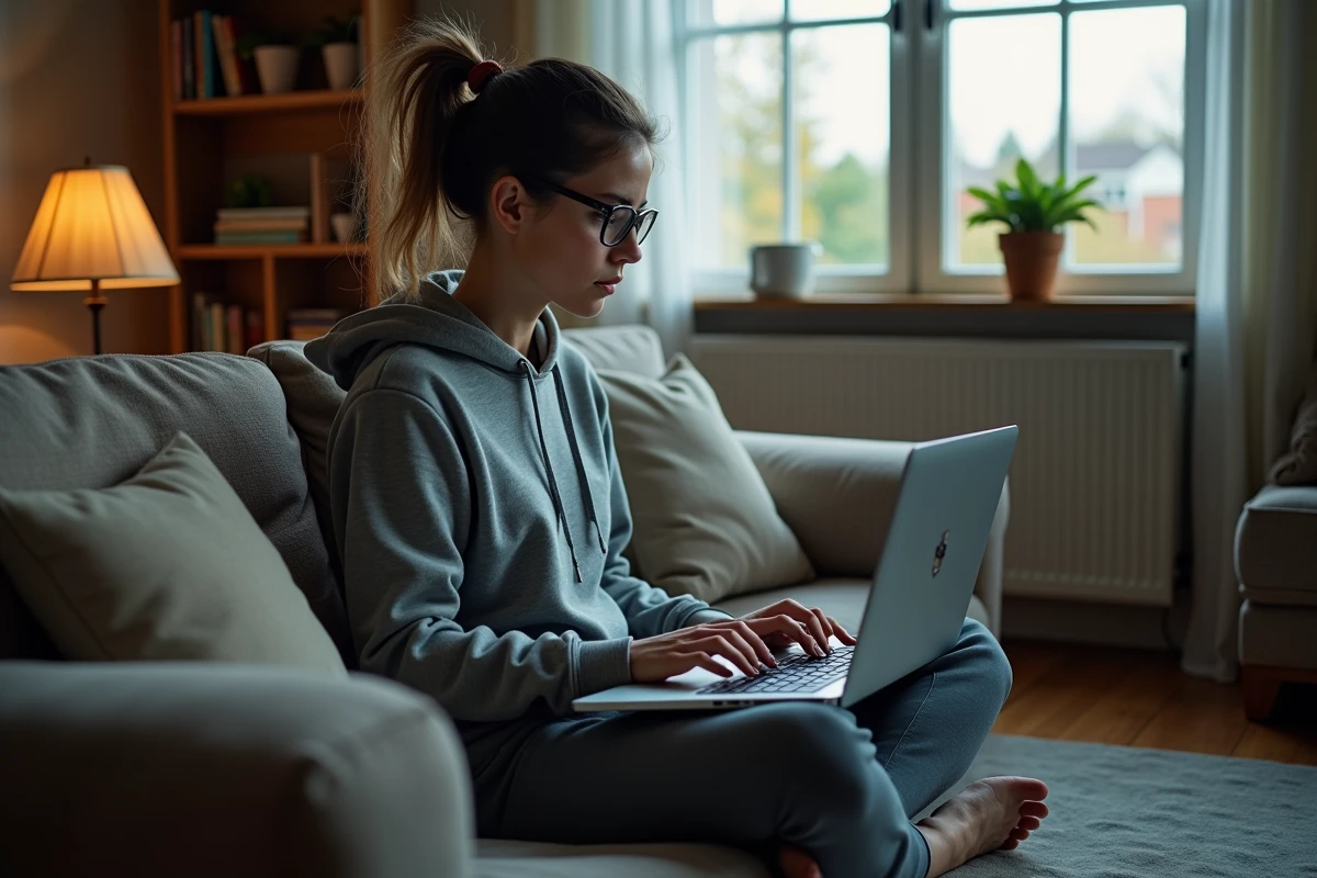 Femme détendue jouant à dofus dans son salon cosy