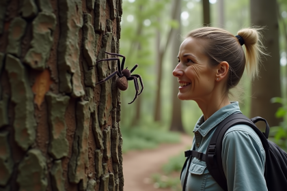 Femme observant une araignee huntsman sur un arbre en Australie