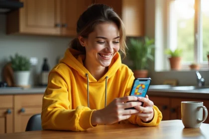 Jeune femme souriante jouant à un jeu de plateau mobile sur smartphone pour obtenir des récompenses gratuites