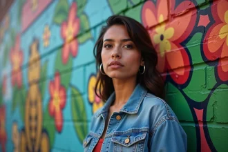 Jeune femme latina debout devant une fresque murale colorée aux symboles porto-ricains dans un quartier urbain du Bronx