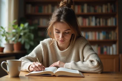 Femme lisant un roman broché sur une table en bois avec une tasse de café, atmosphère chaleureuse et domestique