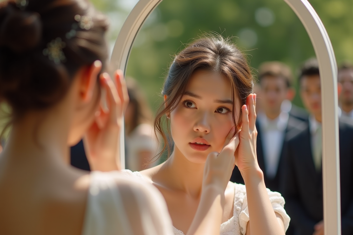 Jeune femme mariée ajustant sa coiffure lors d'un mariage en extérieur