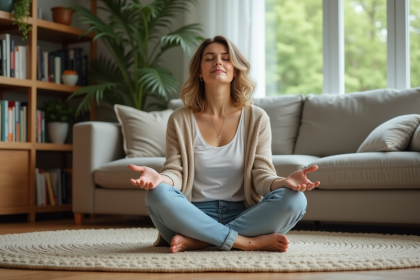 Femme méditant dans un salon paisible et cosy