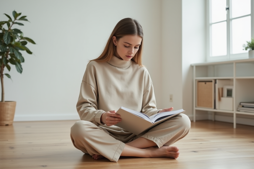 Jeune femme en turtleneck beige et pantalon en lin dans un intérieur scandinave