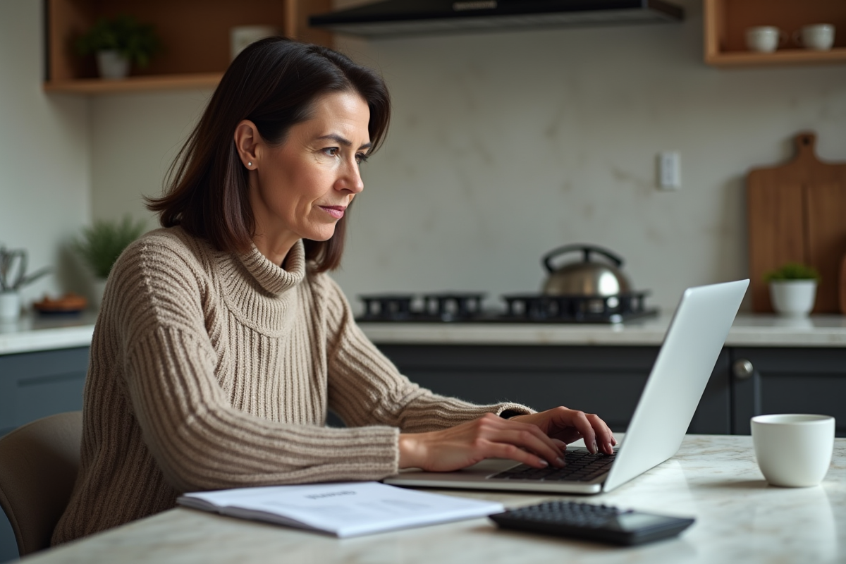 Femme à la maison consultat des taux hypothécaires sur son ordinateur