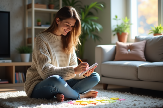 Jeune femme organisée prenant des notes dans un salon lumineux
