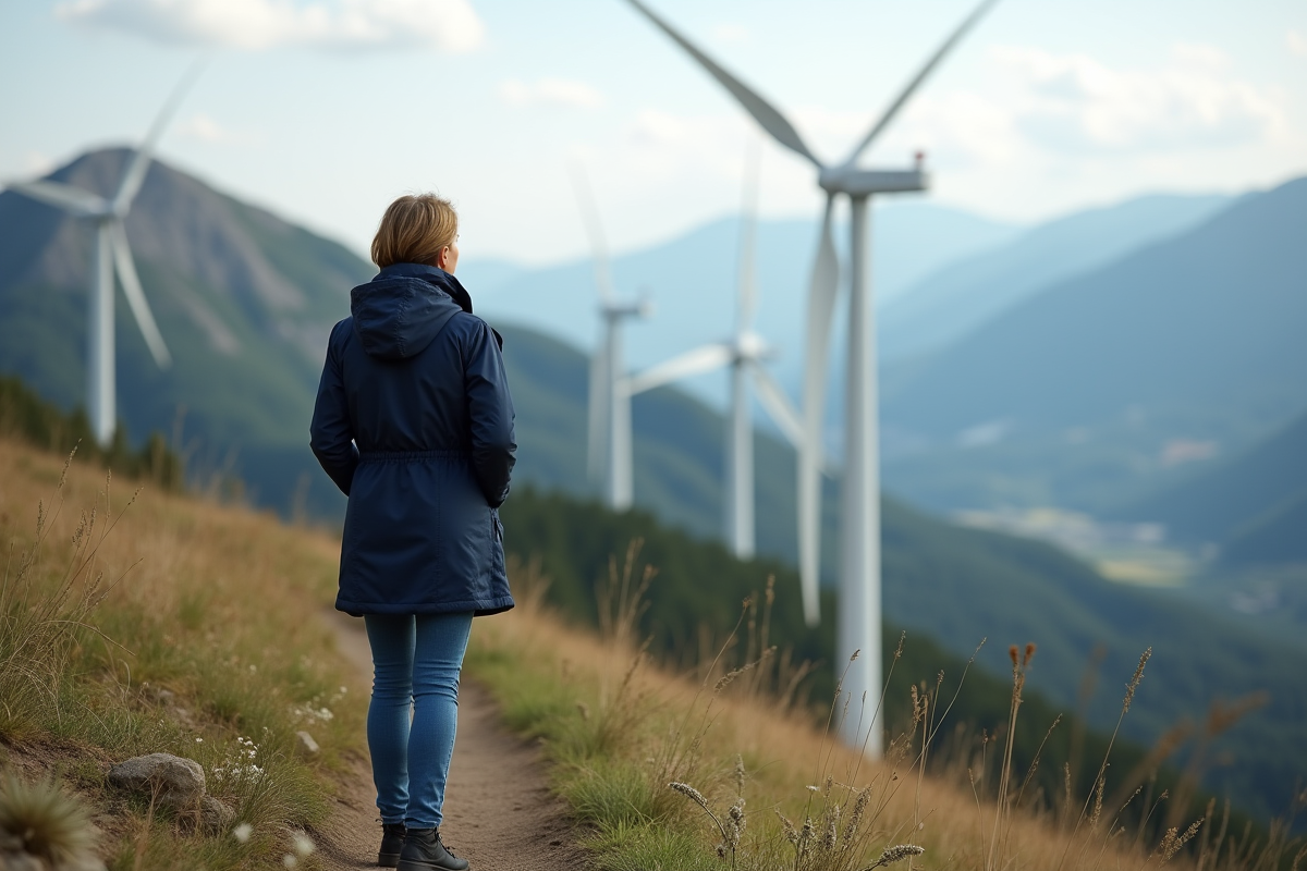Femme contemplant des éoliennes sur une colline verte