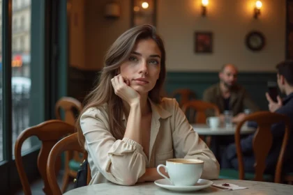 Femme pensive seule dans un café parisien, regard perdu vers la fenêtre sous la pluie, illustrant des histoires de vie amoureuse complexes