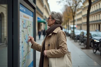 Femme consultant le plan de la ligne de bus 92 affiché à un arrêt de bus en ville
