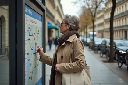 Femme consultant le plan de la ligne de bus 92 affiché à un arrêt de bus en ville