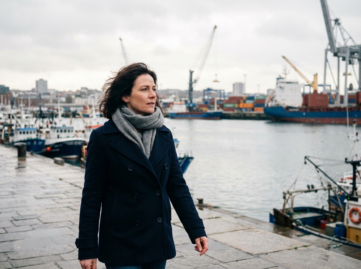 Femme en manteau marin regardant le port de Brest