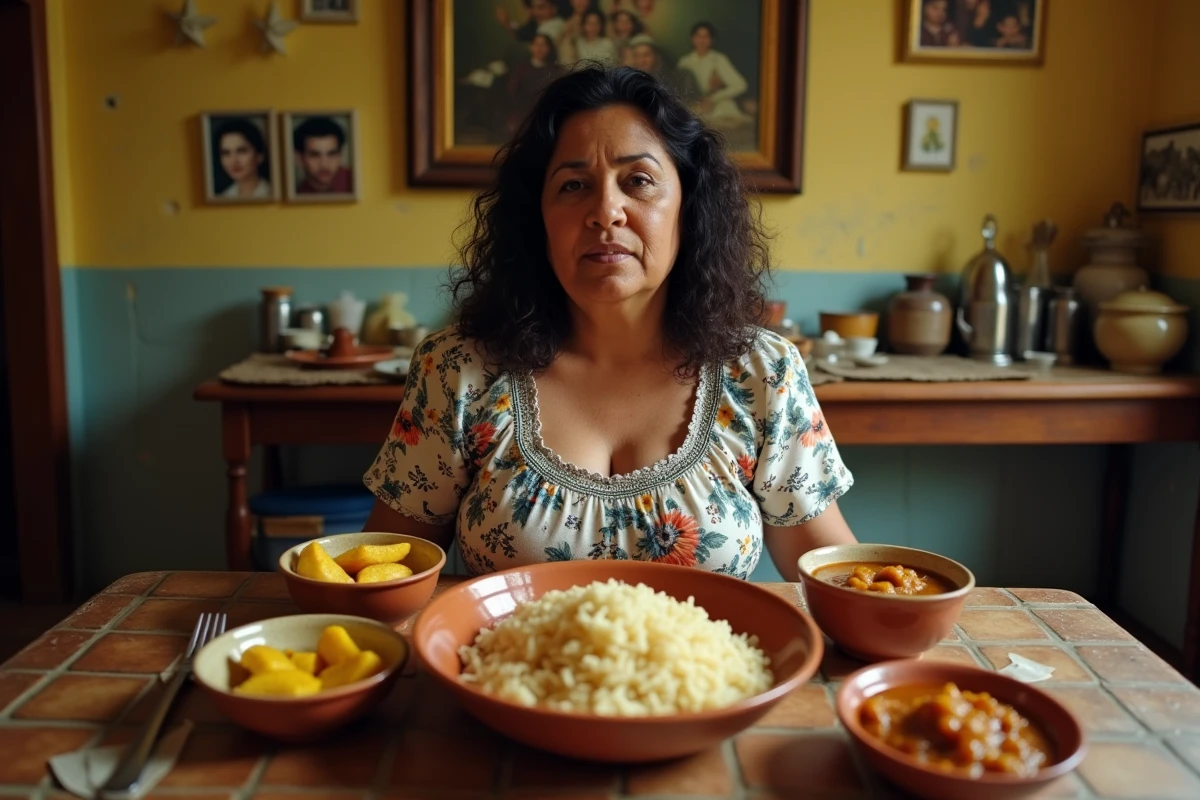 Femme latina d'âge mûr assise à une table familiale avec des plats traditionnels porto-ricains dans un appartement modeste