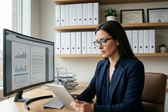 femme professionnelle travaillant sur un ordinateur dans un bureau moderne