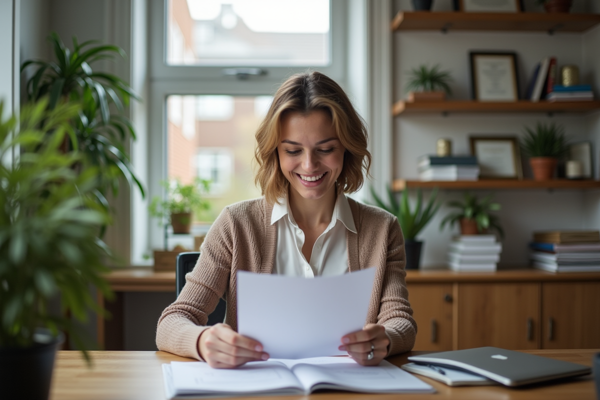 Femme souriante lisant un rapport financier dans un bureau à domicile