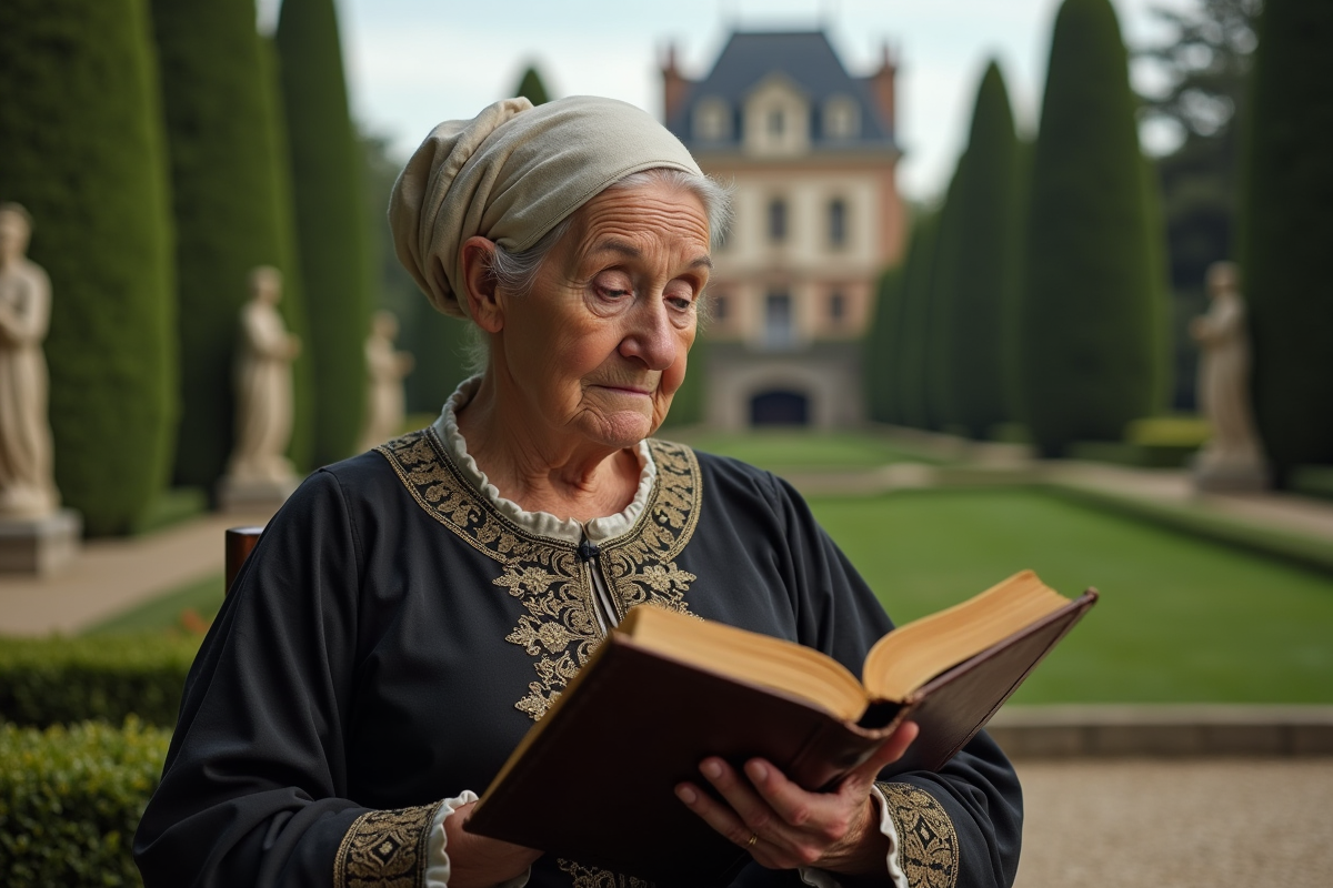 Femme agee lisant un livre dans un jardin renaissance