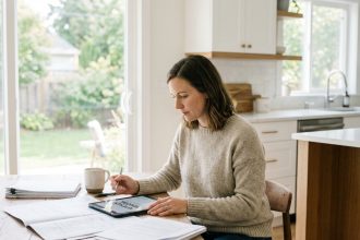femme examinant des documents pour la rénovation de sa maison
