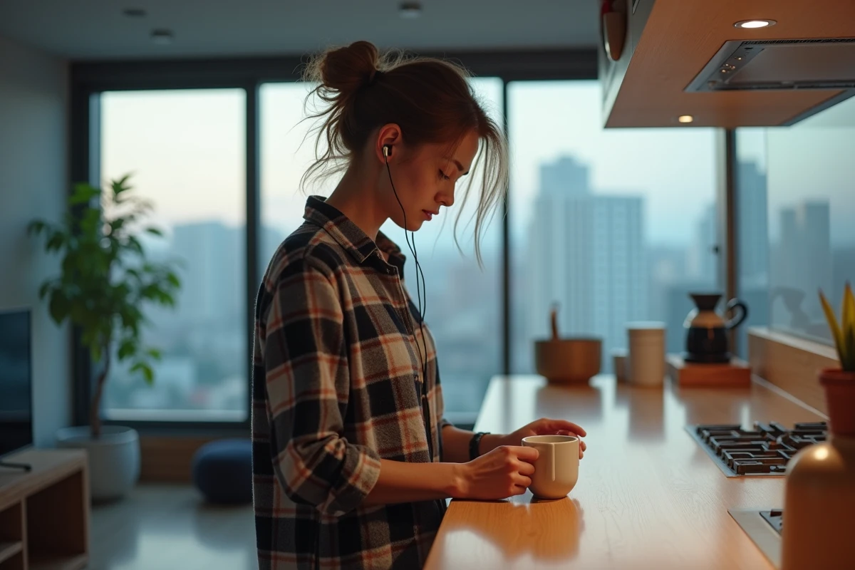 Femme écoutant de la musique rock en streaming sur smartphone pendant sa routine matinale en cuisine